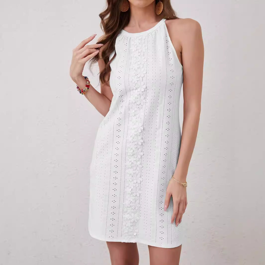 Damen nan ärmelloses Minikleid mit Neckholder, Lochstickerei und floraler Häkelapplikation Drune
