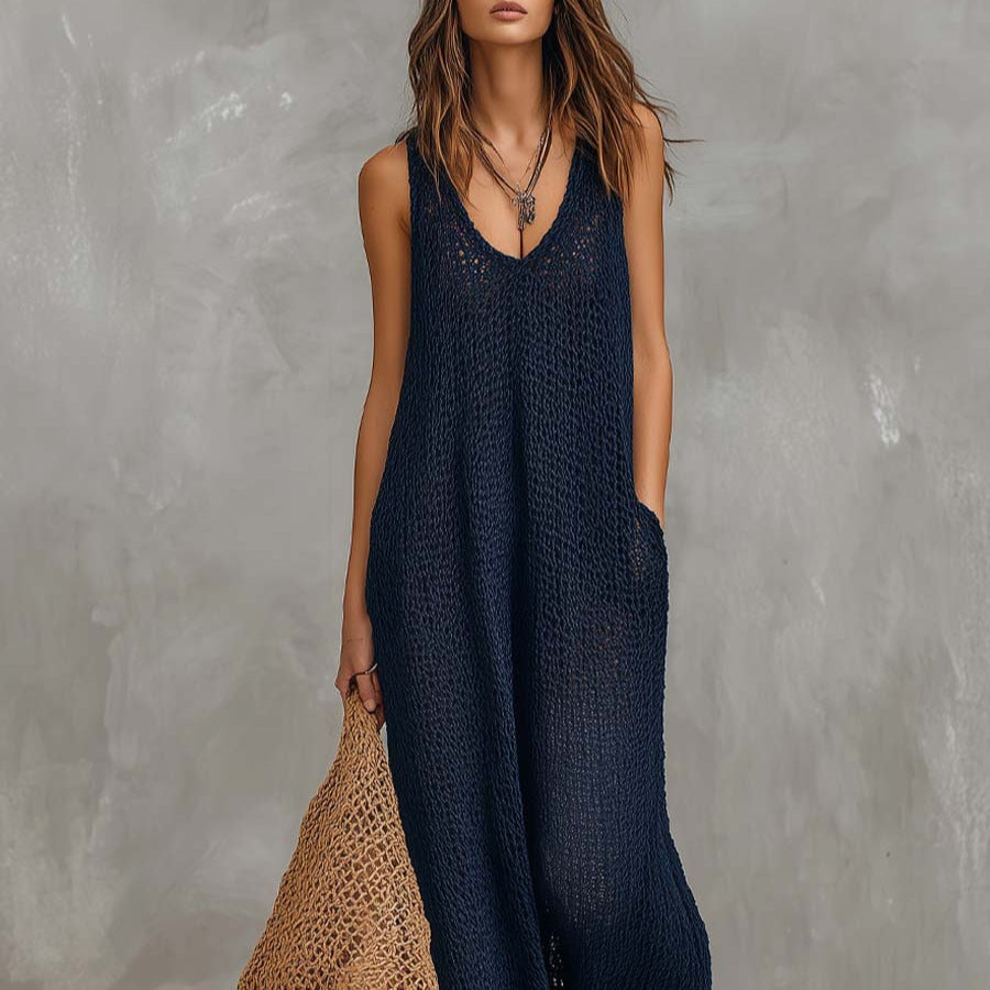 Damen Luftiges Sommerkleid mit seitlichen Taschen und tiefem Ausschnitt Drune