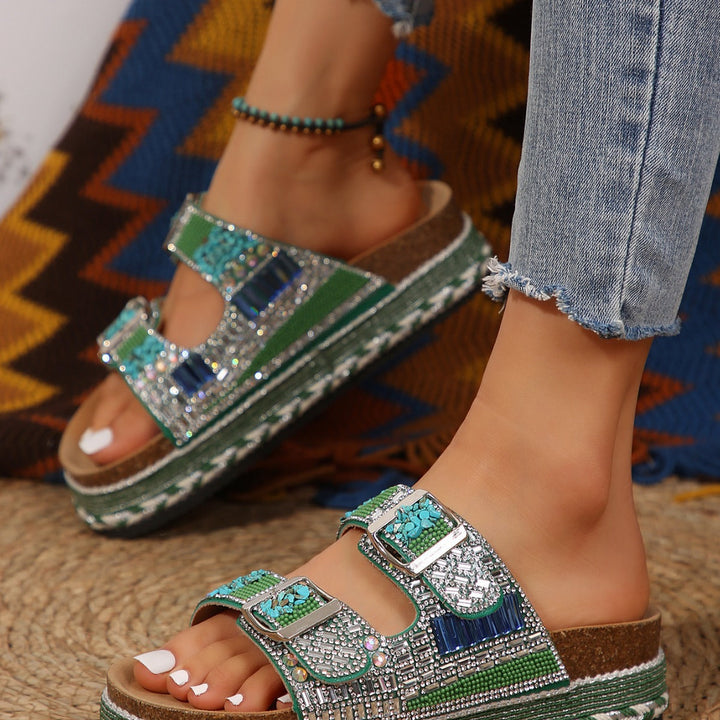 Damen bequeme Sandalen mit dekorativen Steinen und breiten Riemen Drune