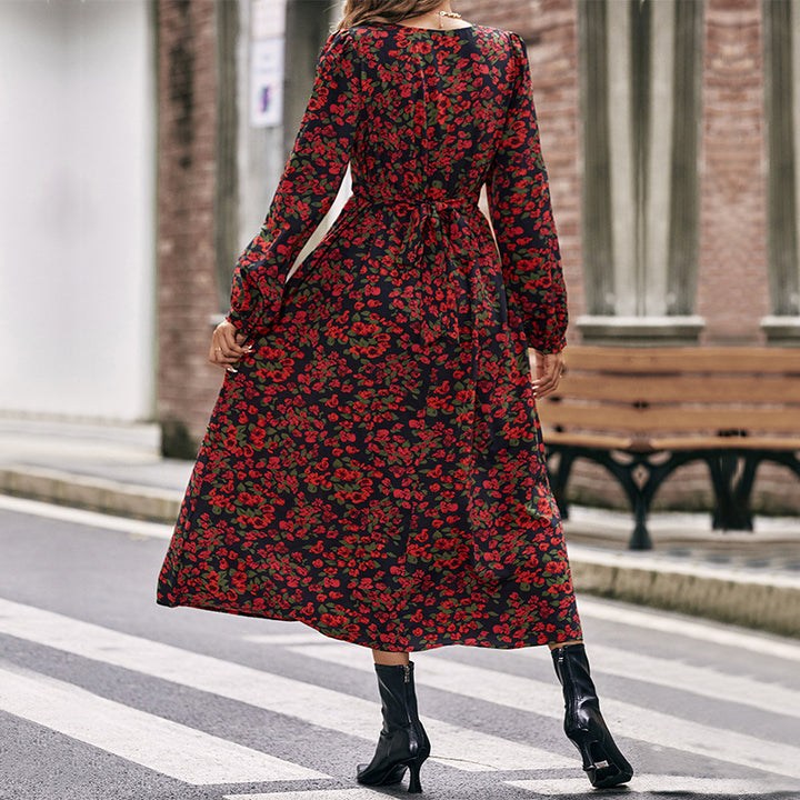 Damen Langes florales Maxikleid mit V-Ausschnitt, gerafftem Smokbund und fließendem A‑Linien‑Rock Drune
