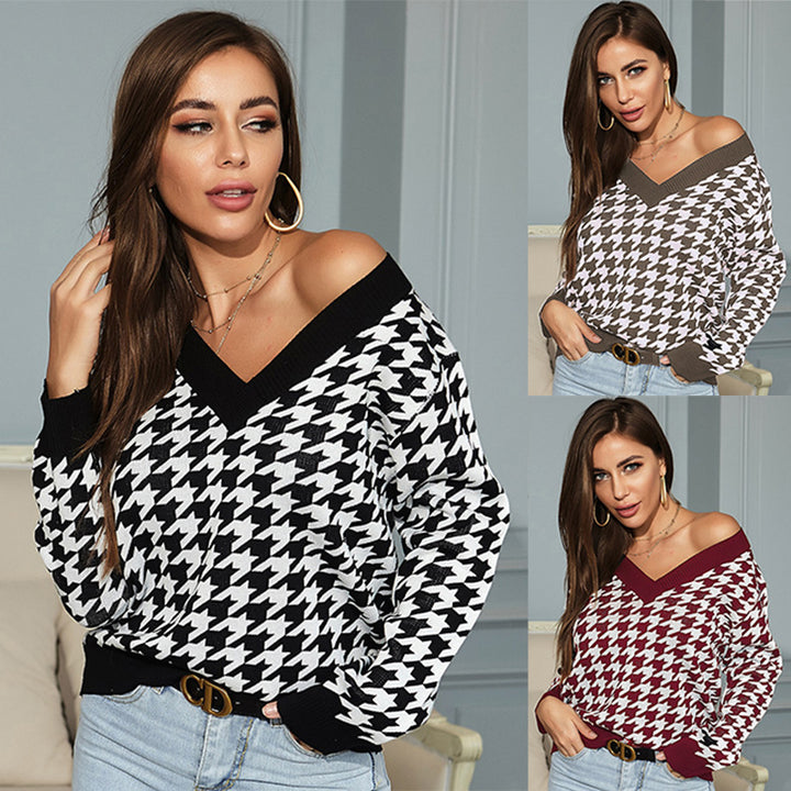 Damen Grobgestrickter Hahnentritt-Pullover mit weitem V‑Ausschnitt und off-shoulder Optik Drune