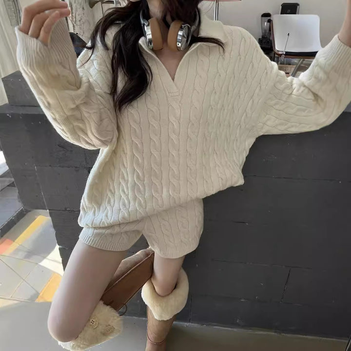 Damen Strickpullover mit modischem Zopfmuster und tiefem V-Ausschnitt Drune