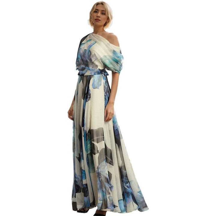 Damen elegantes Chiffon-Kleid mit schulterfreiem Design und floralem Muster Drune