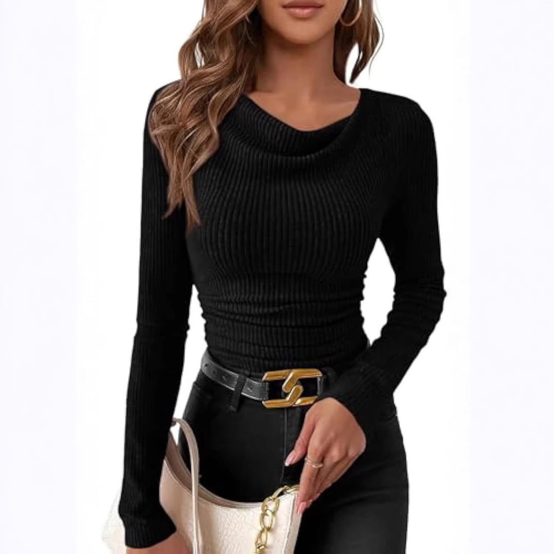 Damen Figurbetontes Feinripp-Longsleeve mit asymmetrischem Wasserfallkragen Drune