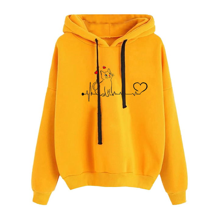 Damen nan leichter Oversize Kapuzenpullover mit Herz‑EKG‑Motiv, langen Kordeln und elastischem Bund Drune