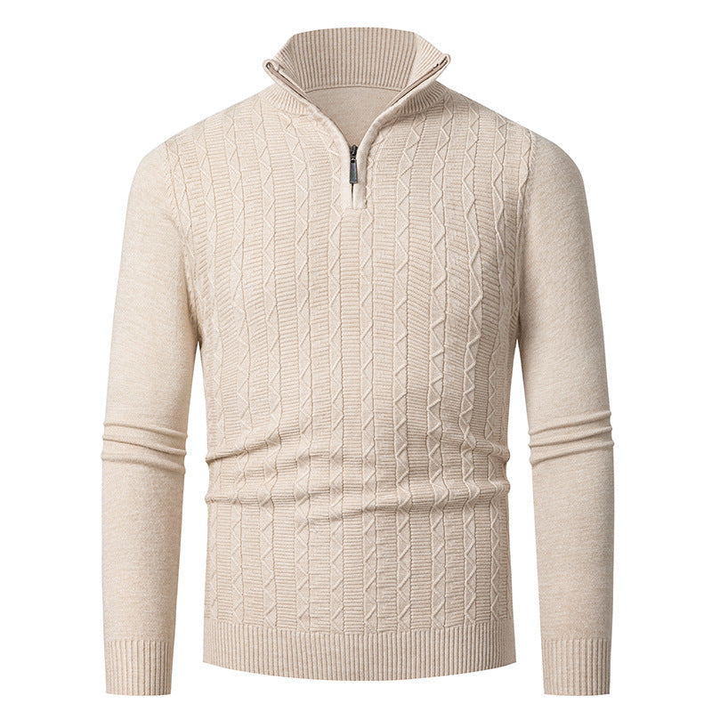 Herren Enganliegender Halbzip-Strukturpullover aus Merino‑Mix mit Zopfmuster und Stehkragen Drune