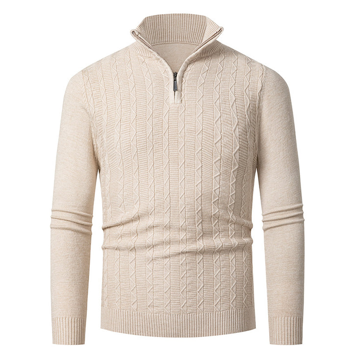 Herren Enganliegender Halbzip-Strukturpullover aus Merino‑Mix mit Zopfmuster und Stehkragen Drune
