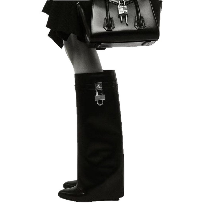 Damen Moderne kniehohe Stiefel mit verdecktem Keilabsatz und spitzer Zehenpartie Drune