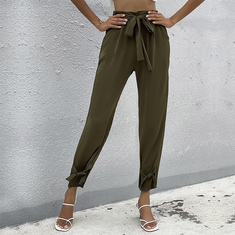 Damen Paperbag-Hose mit Bindegürtel, lockerer Taillenbund und Knoten-Detail am Bein Drune