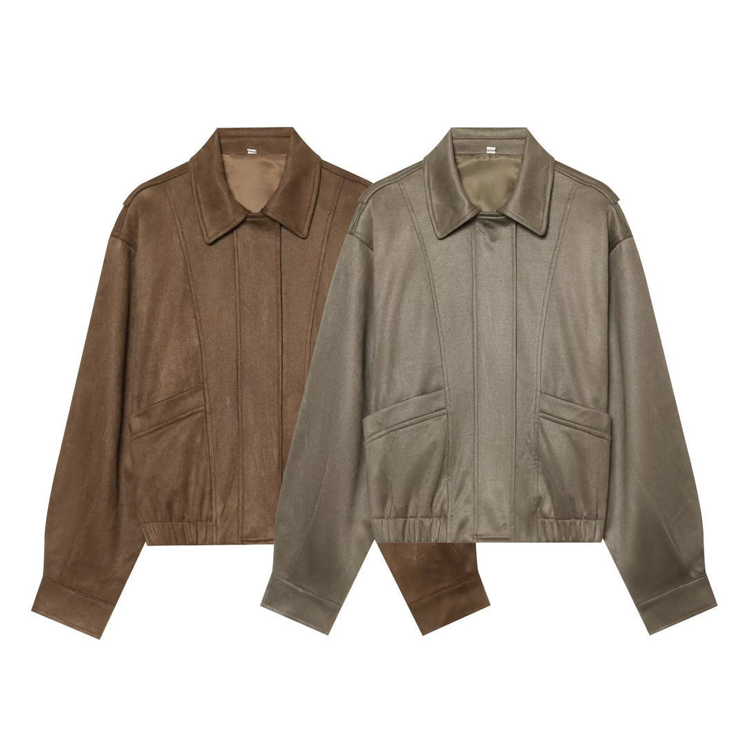 Damen Kurzer Boxy‑Blouson in Velourslederoptik mit Pattentaschen Drune