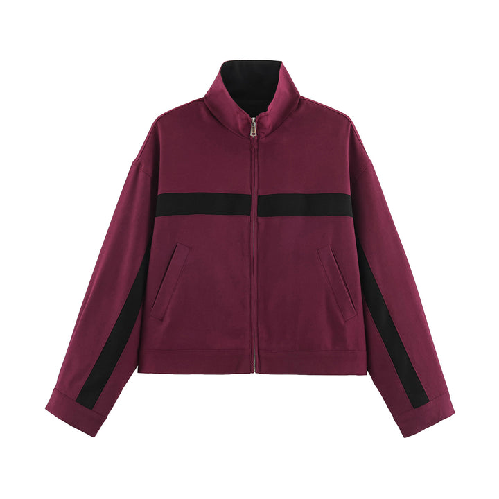 Unisex Kurz geschnittene Trackjacke mit Stehkragen, Kontraststreifen und Reißverschluss Drune