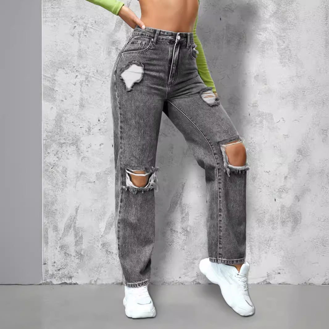Damen High‑Waist Ripped Straight‑Leg Jeanshose mit Knie‑Cutouts und Used‑Wash Drune