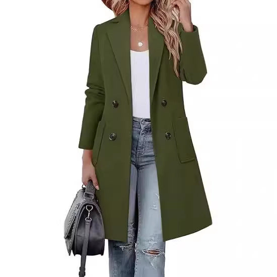 Damen Doppelreihiger Longblazer-Mantel mit aufgesetzten Taschen und taillierter Silhouette Drune