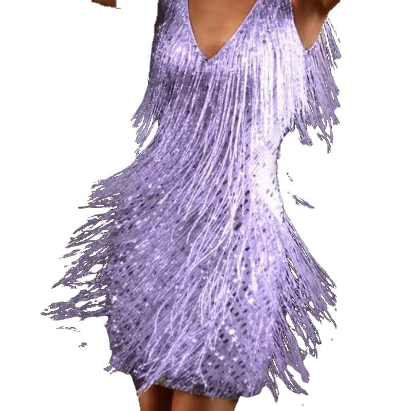 Damen Glitzerndes Mini-Kleid mit Fransendetails und schulterfreiem Design Drune