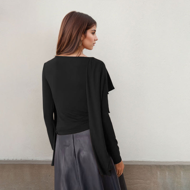 Damen asymmetrisches Cape-Longsleeve mit hohem Kragen und fließendem Overlay Drune