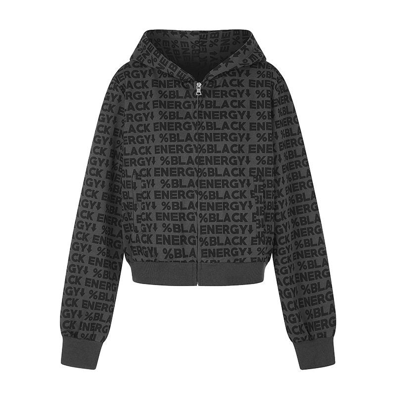 Damen kurze Zip-Kapuzenjacke mit Allover-Logoprint und elastischem Rippenbund Drune
