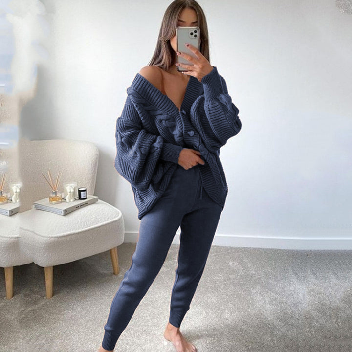 Damen nan kuscheliges Oversize Strickset bestehend aus Zopfmuster Cardigan und taillierter Strick-Jogginghose Drune