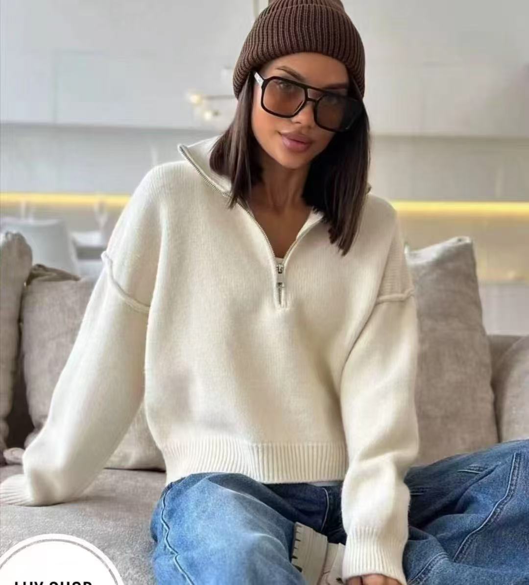 Damen Oversized Pullover mit hohem Kragen und Reißverschluss Drune