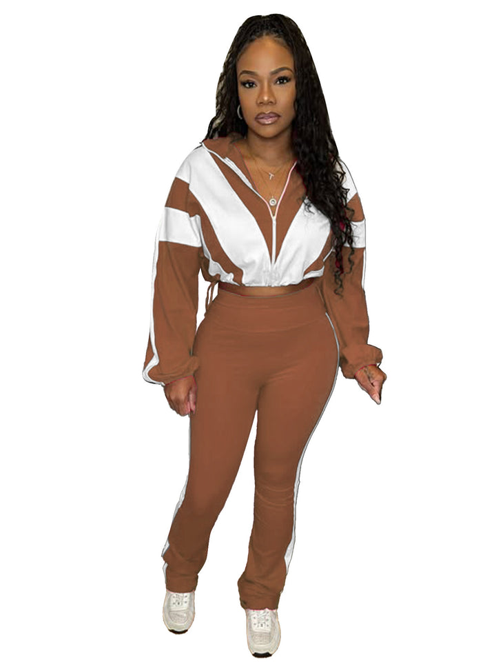 Damen retro Nylon-Trainingsanzug mit Kapuzen-Zipjacke und weiter hochgeschnittener Hose Drune