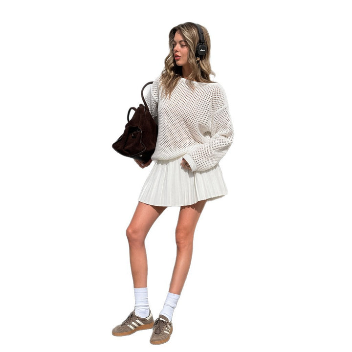 Damen oversized Netzstrickpullover mit plissiertem Minirock-Set Drune