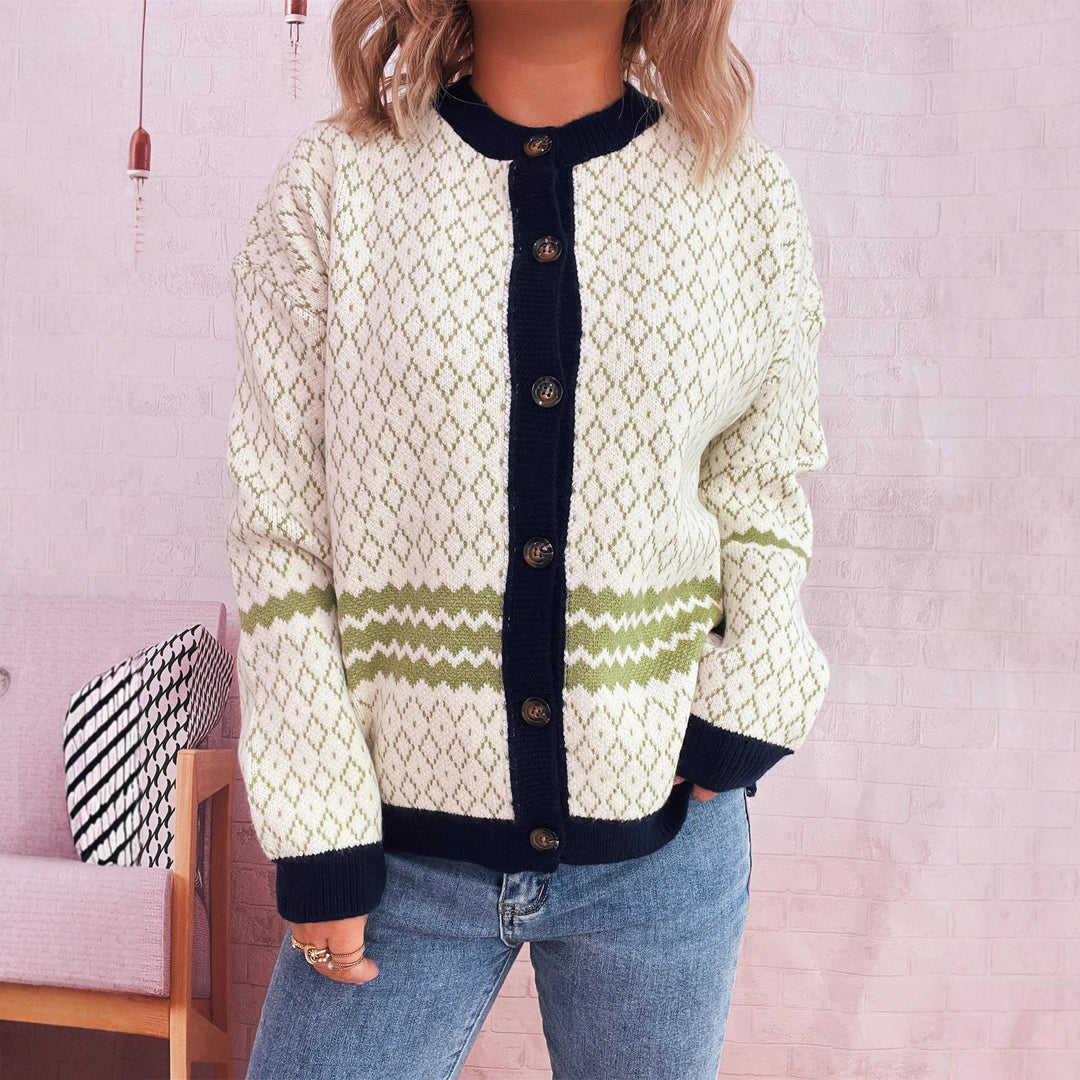 Damen Strickjacke mit geometrischem Muster und eleganten Knopfdetails Drune