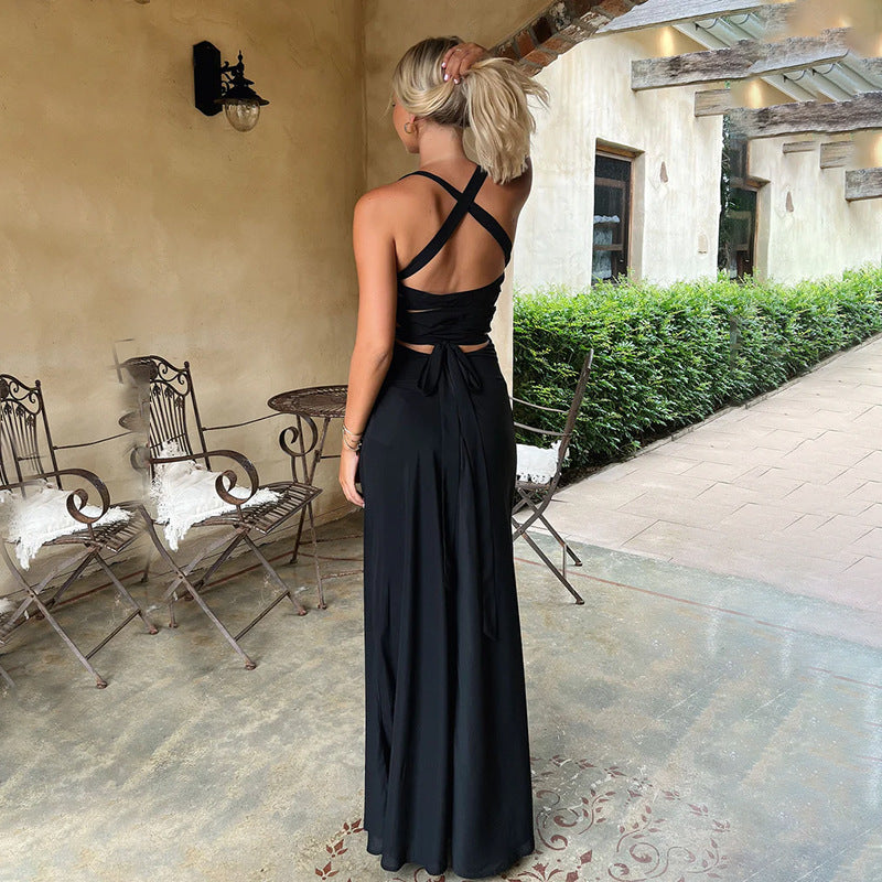 Damen elegantes Maxikleid mit verführerischem Ausschnitt und fließendem Rock Drune