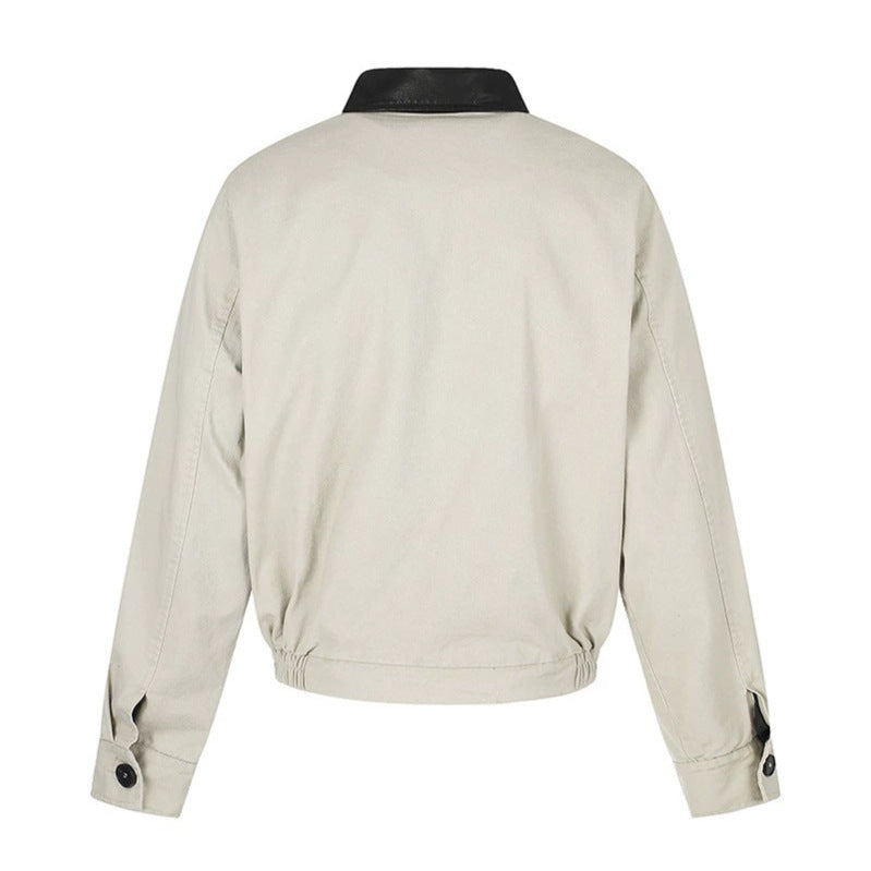Herren Asymmetrische Canvas-Bomberjacke mit Lederriemen und Stehkragen Drune