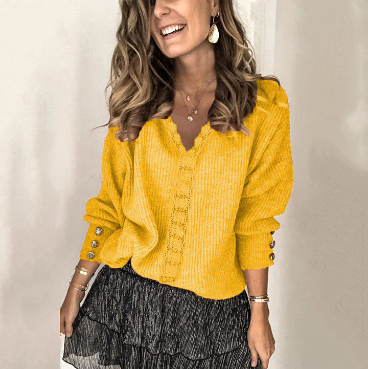Damen Oversize Feinstrickpullover mit Spitzen‑V‑Ausschnitt und Zierknopfärmeln Drune