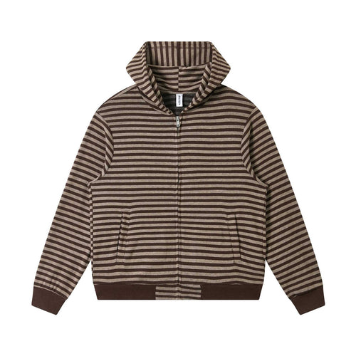 Unisex Gestreifte Strick-Kapuzenjacke mit durchgehendem Reißverschluss und Kängurutaschen Drune
