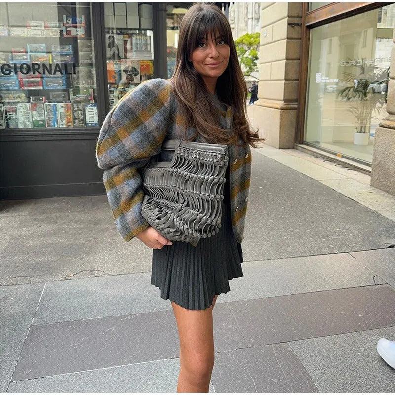 Damen Karierte Kurzjacke mit voluminösen Ärmeln Drune