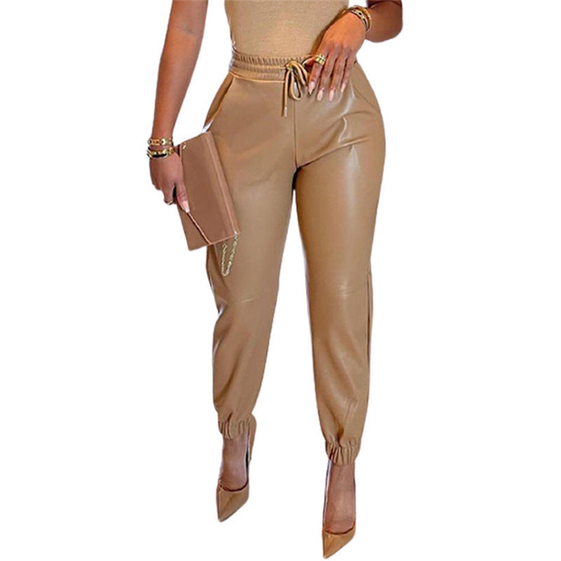 Damen Sportliche Lederhose mit elastischem Bund und schmalem Schnitt Drune