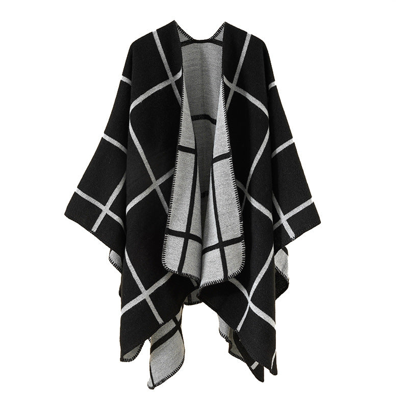 Damen Reversibler Oversize-Umhang mit großem Karomuster und offener Front Drune