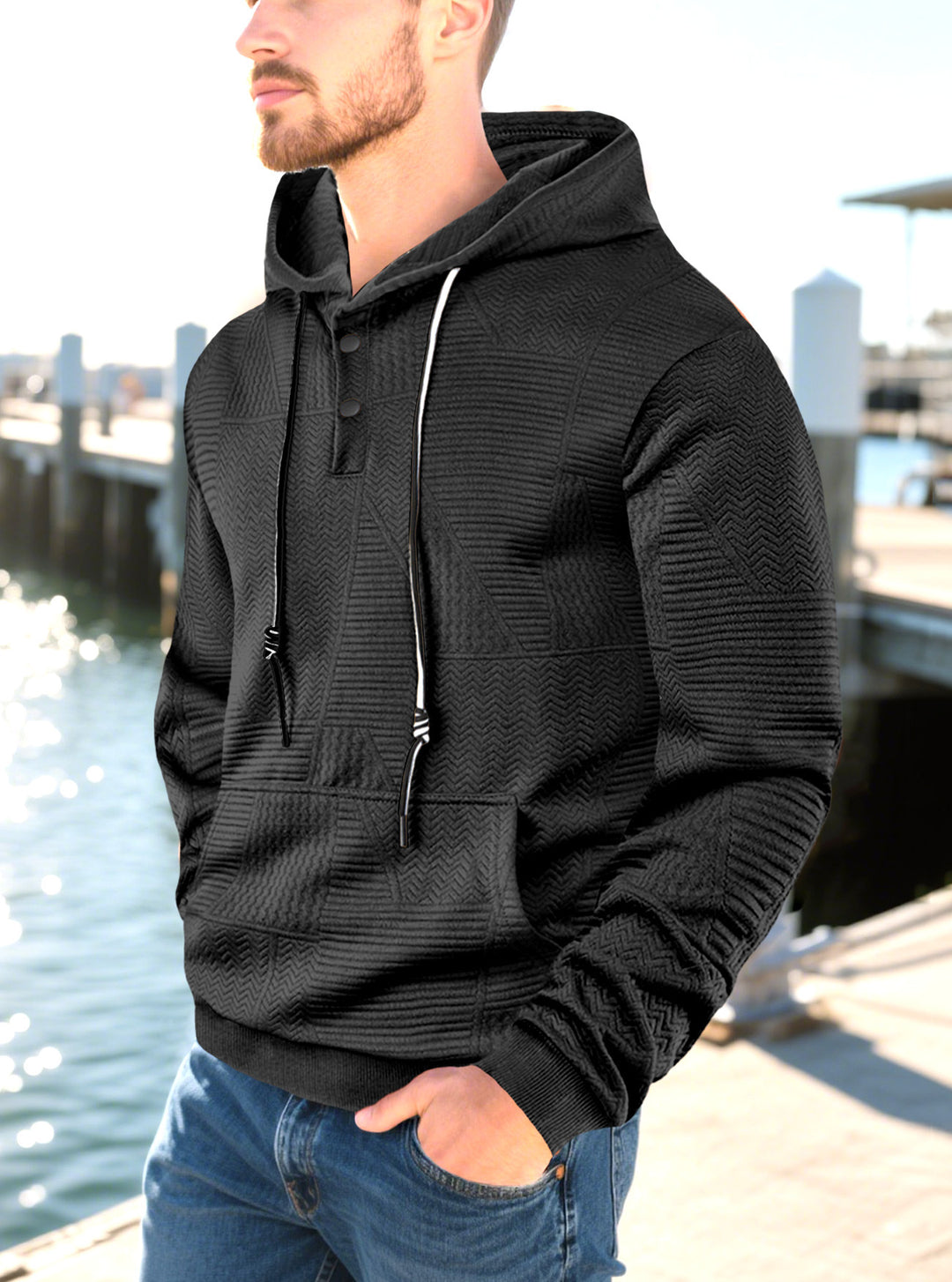 Herren nan geometrischer Struktur-Kapuzenpullover mit Henley-Blende und Kängurutasche Drune