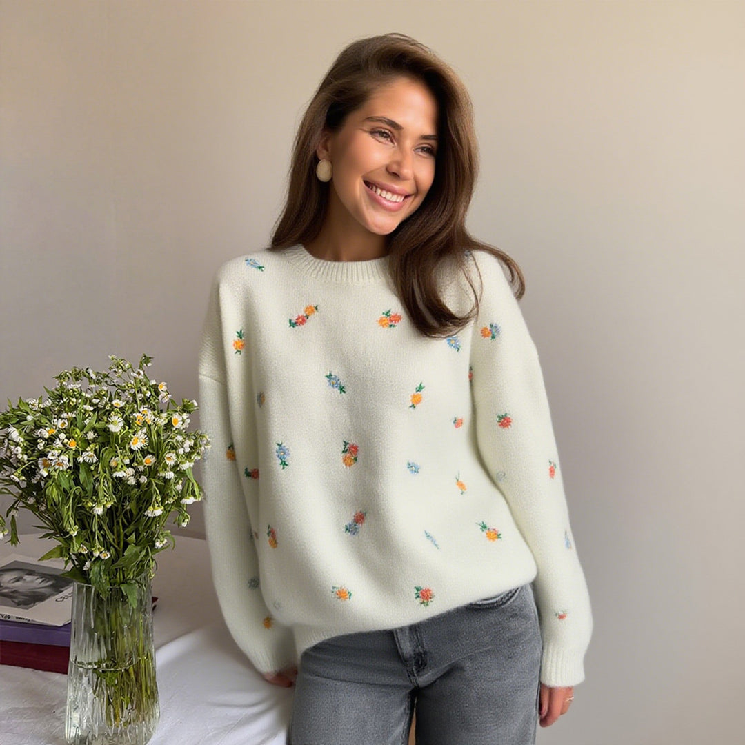Damen Verspielter Pullover mit floralen Stickereien Drune