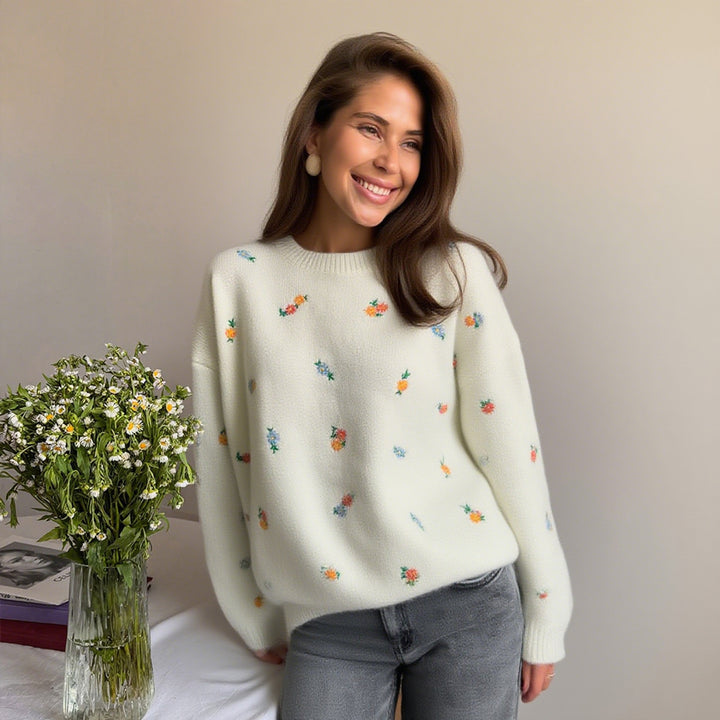 Damen Verspielter Pullover mit floralen Stickereien Drune