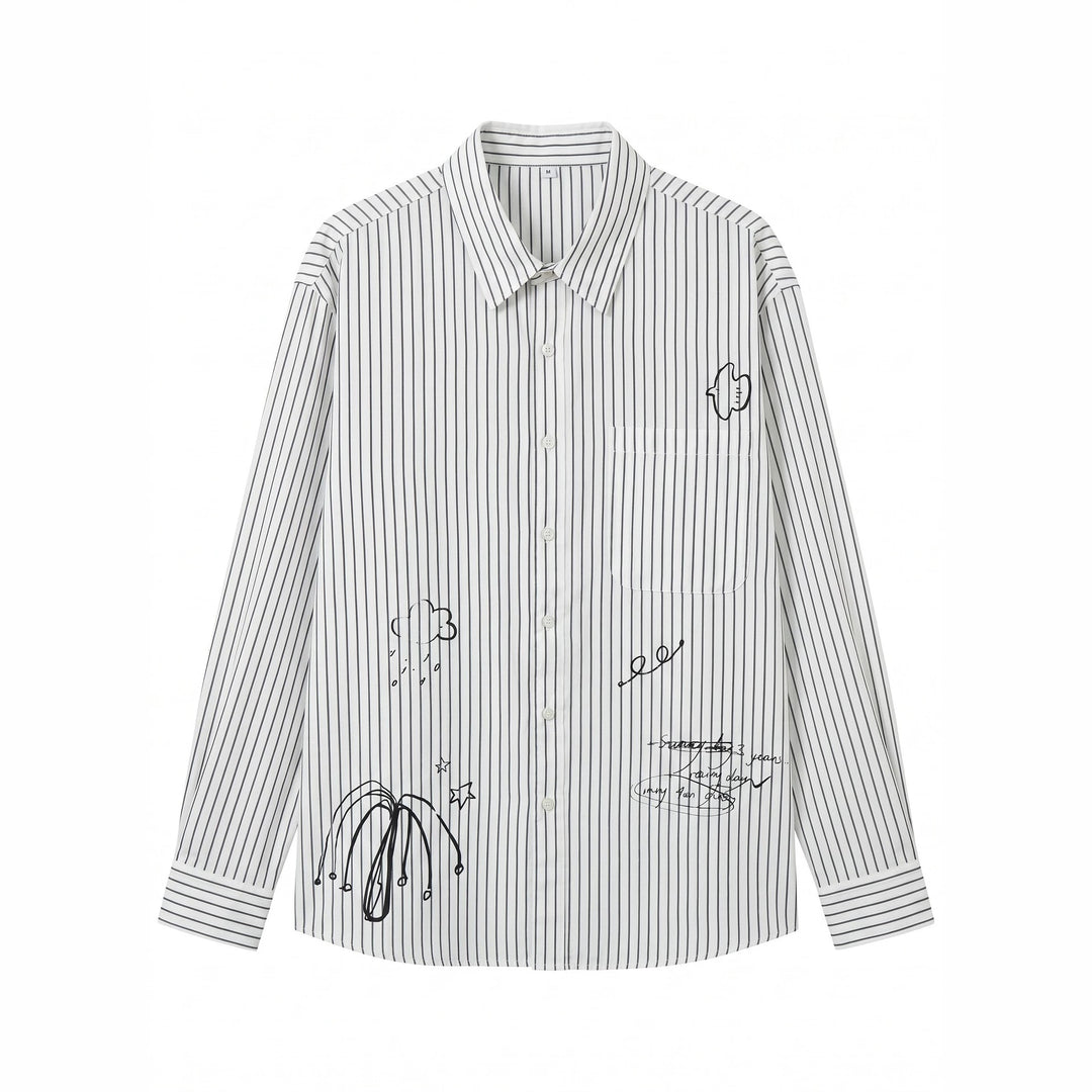 Damen Oversize-Hemdbluse aus Baumwollmix mit Nadelstreifen, Brusttasche und Doodle-Print Drune