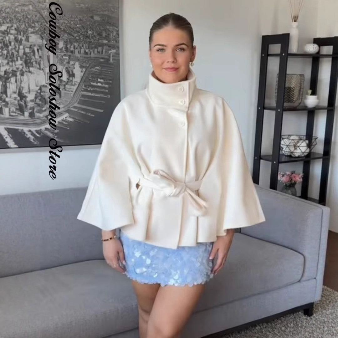 Damen elegante Übergangsjacke mit hohem Kragen und Bindegürtel Drune