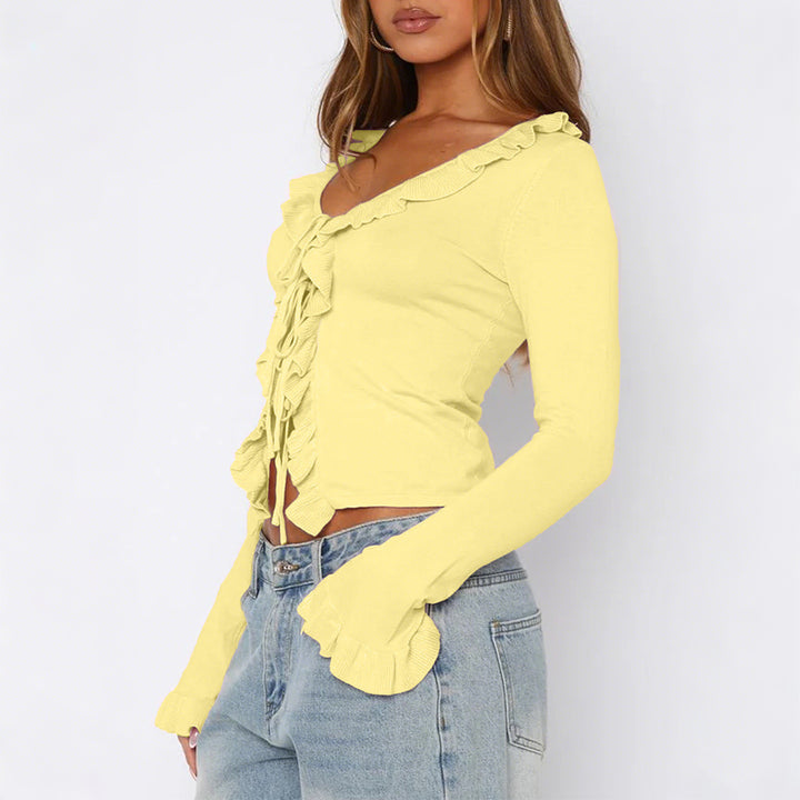 Damen nan tailliertes Rüschen-Feinstrick-Cardigan mit Bindeband, V-Ausschnitt und Volantärmeln Drune