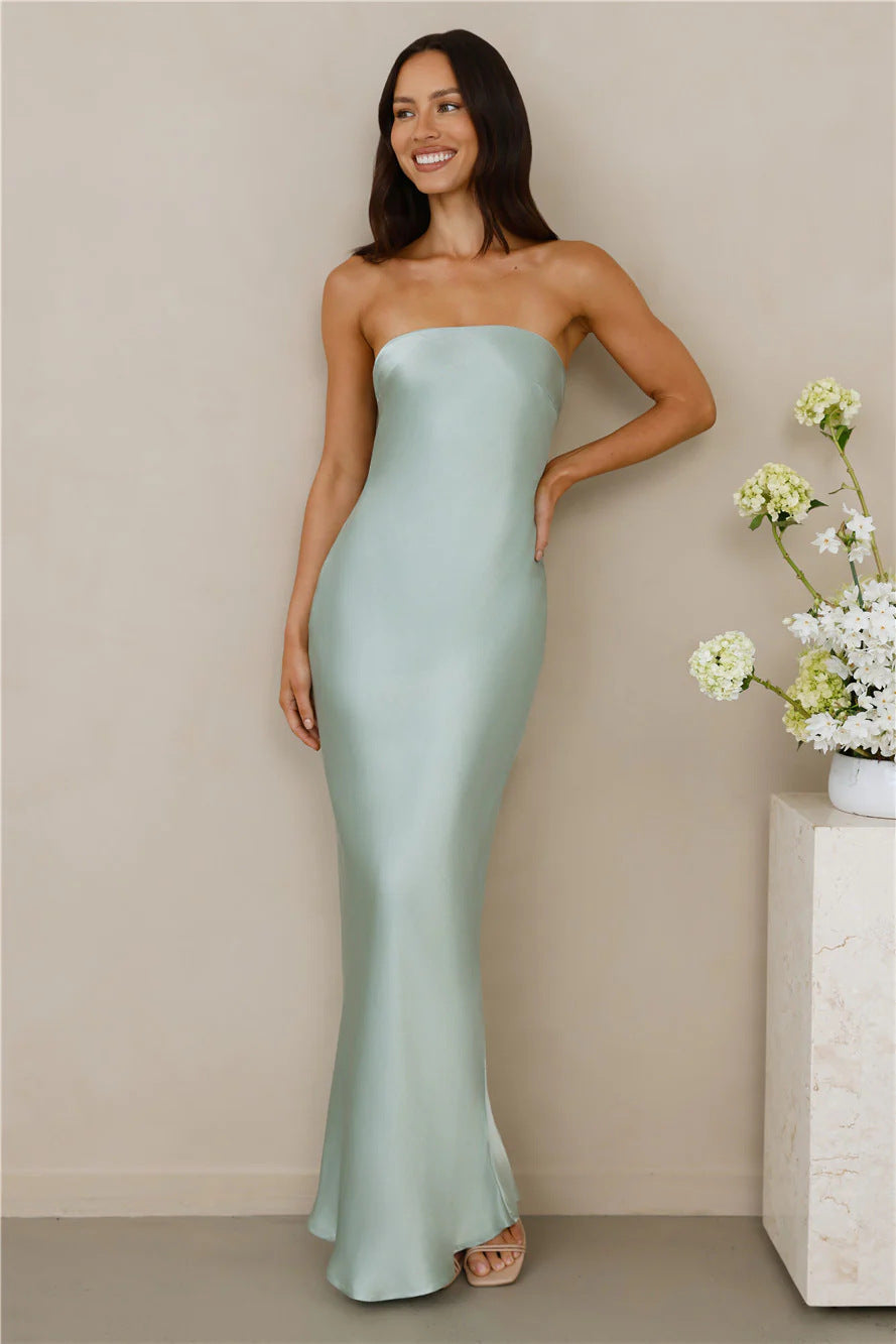Damen Elegantes schulterfreies Maxikleid aus satinähnlichem Material Drune