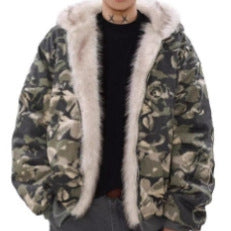 Herren Warmer gefütterter Camouflage-Bomber mit Kapuze und Kunstfellbesatz Drune