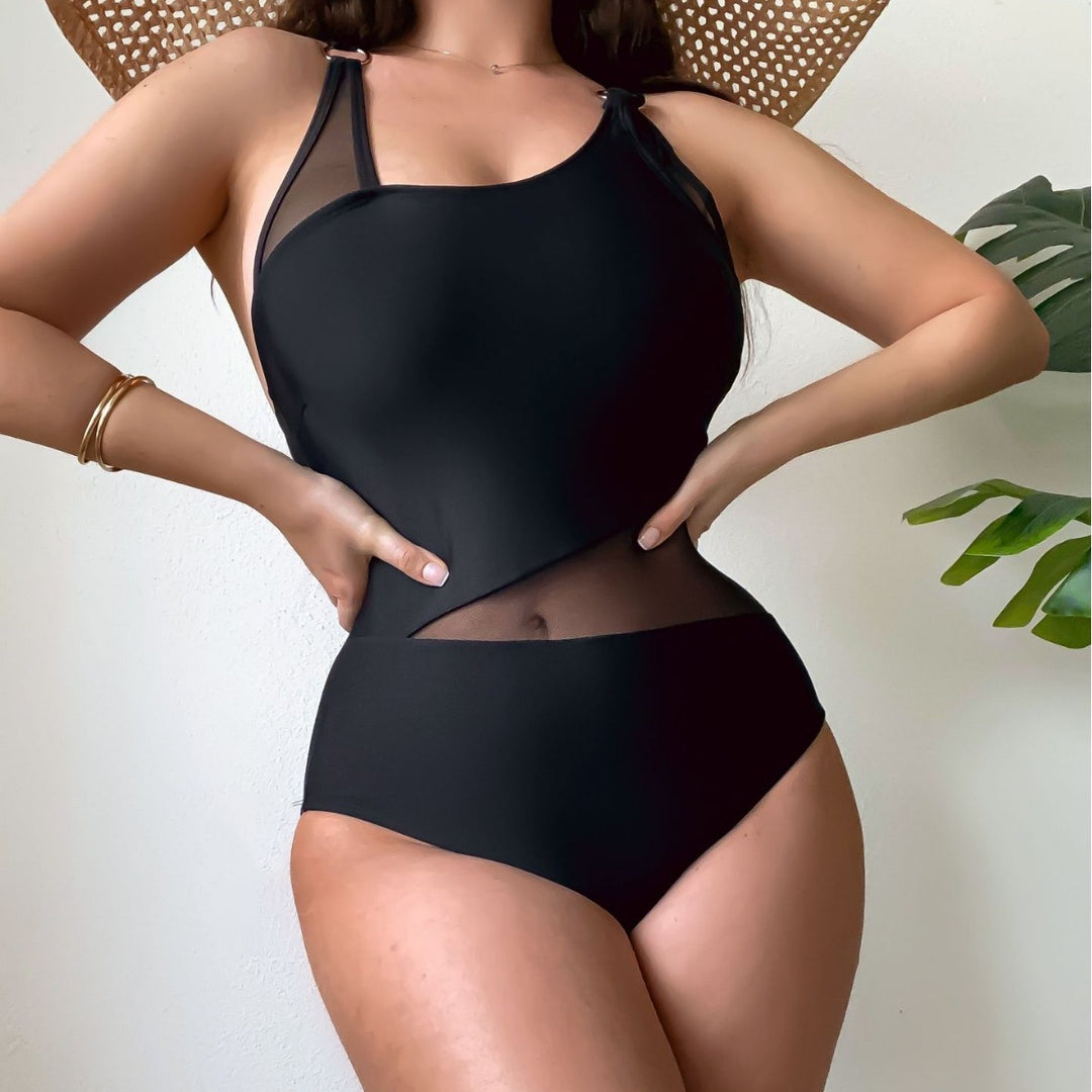 Damen Einteiliger Badeanzug mit transparenten Einsätzen und asymmetrischem Design Drune