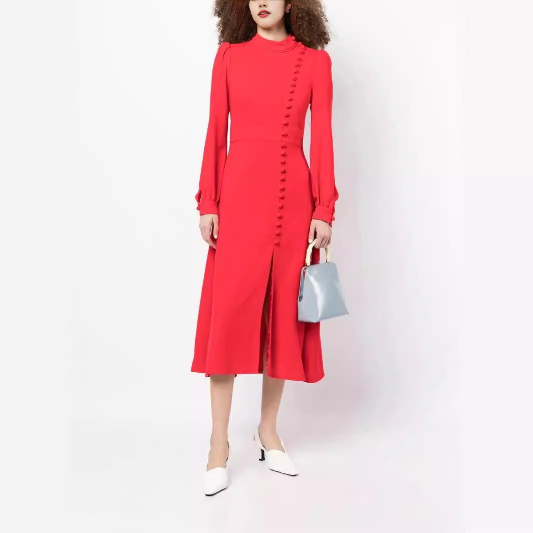 Damen Midikleid im Vintage‑Look mit hochgeschlossenem Kragen, asymmetrischer Zierknopfleiste und Frontschlitz Drune
