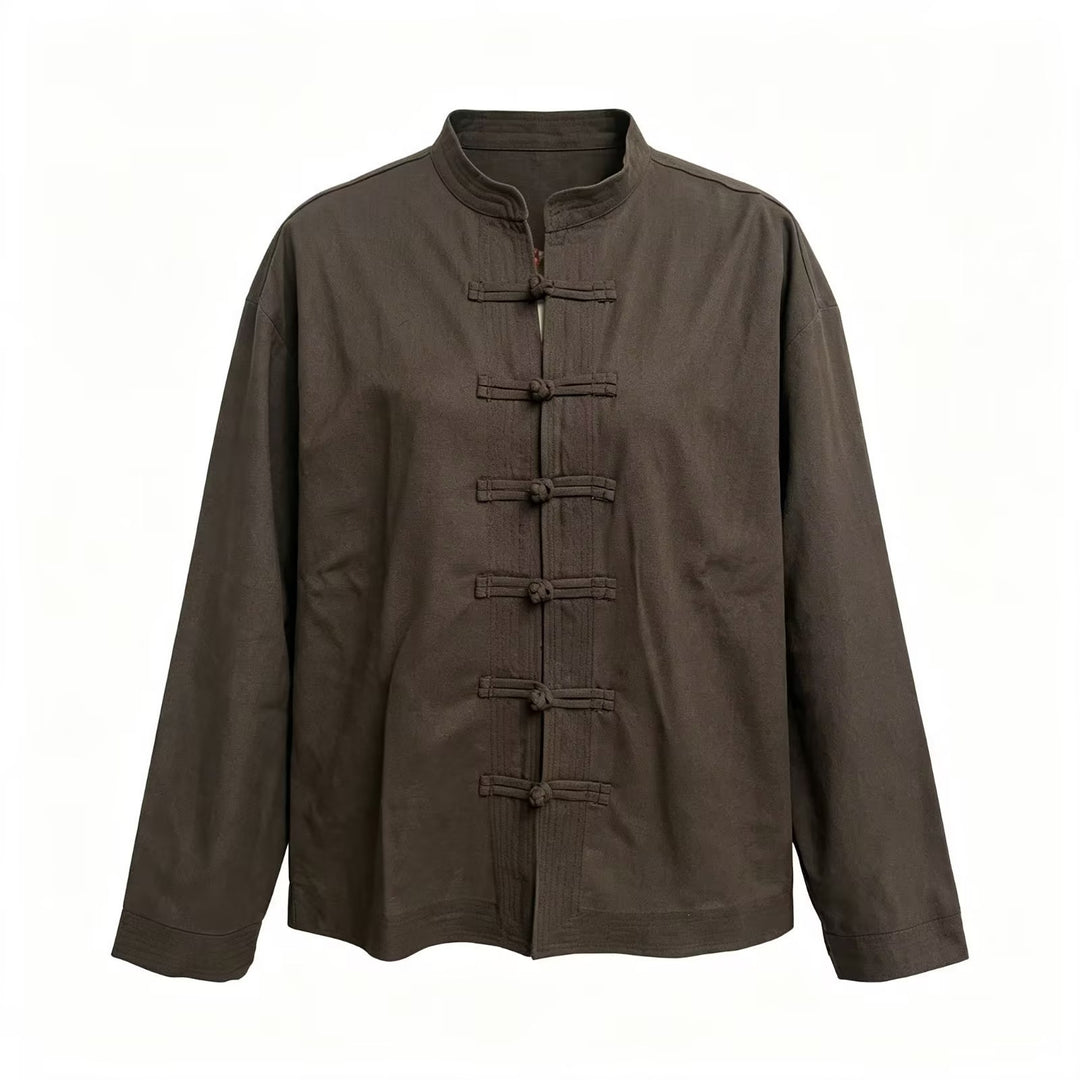 Damen Locker geschnittene Bluse im Mandarin‑Look mit Knotenknöpfen Drune