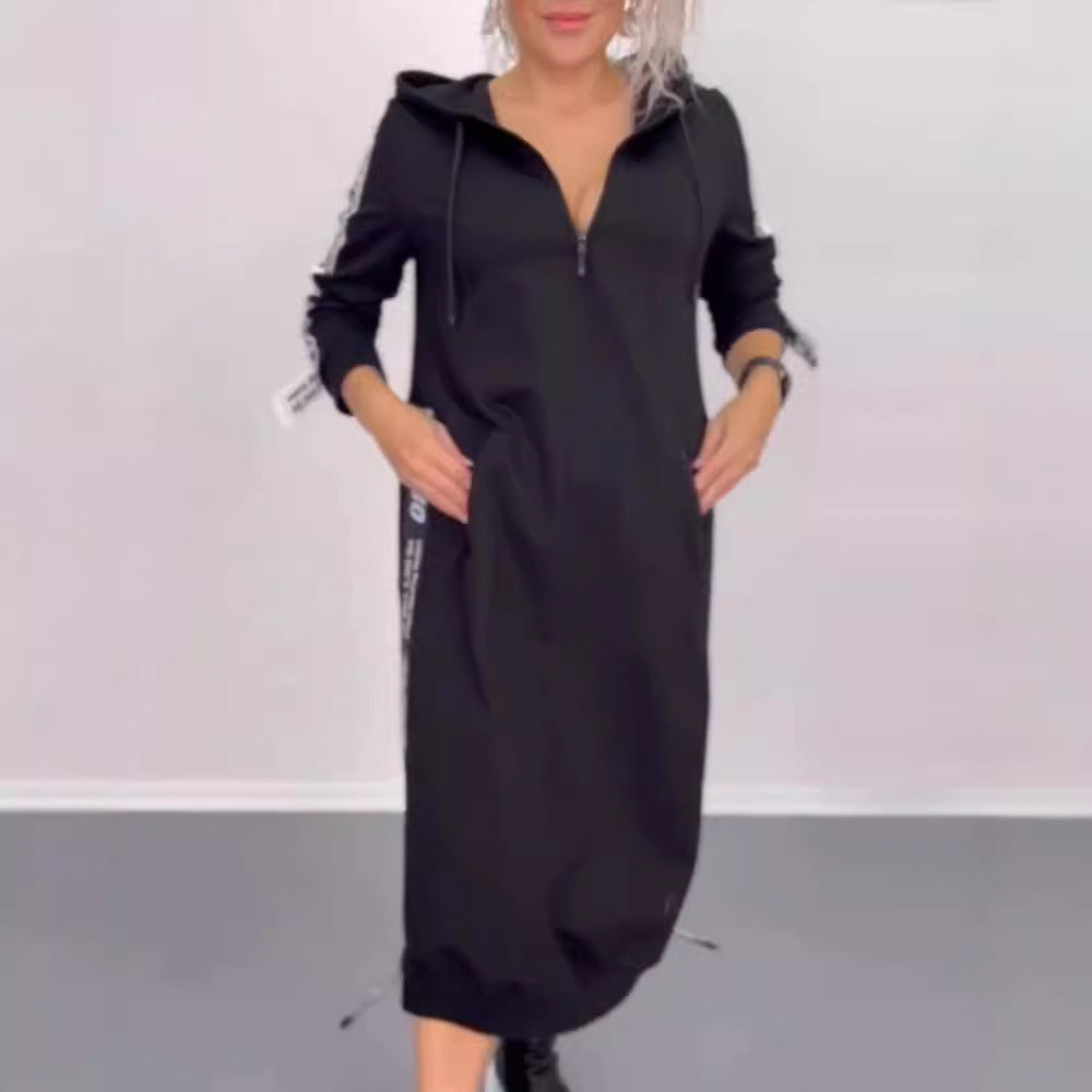 Damen nan knöchellanges Kapuzen-Sweatkleid mit Halbzip, Kängurutaschen und seitlicher Zierpaspel Drune