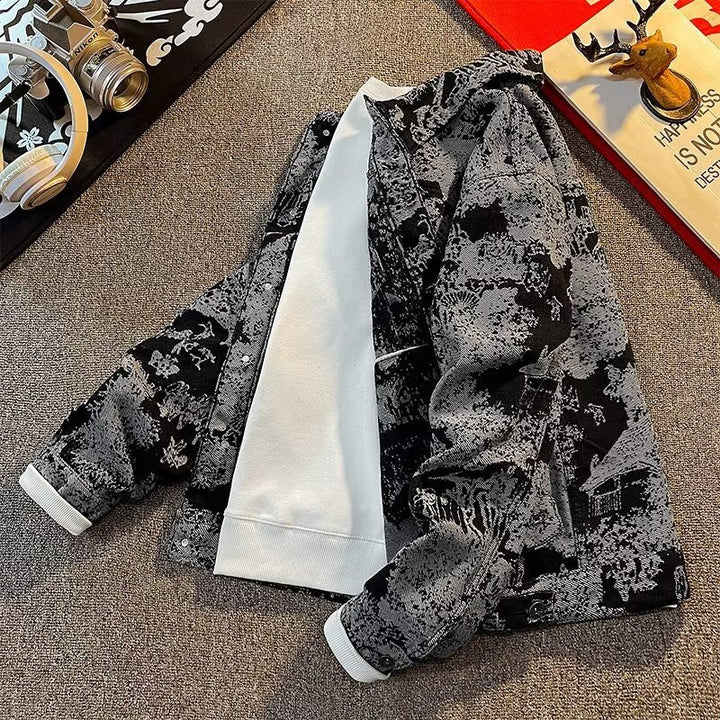 Herren Denimjacke mit kreativem Allover-Print Drune