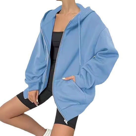Damen nan oversized Zip-Kapuzenjacke mit kontrastierendem Reißverschluss, doppellagiger Kapuze und Kängurutasche Drune