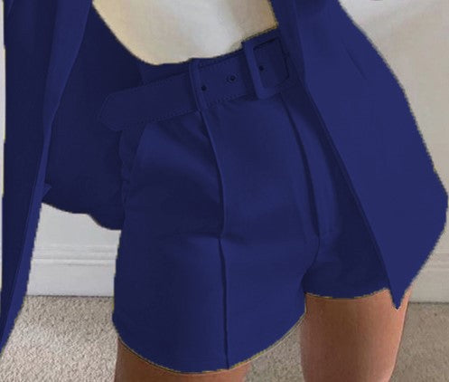 Damen Zweiteiliges maßgeschneidertes Blazer‑Set mit hochtaillierten Shorts und Gürtel Drune