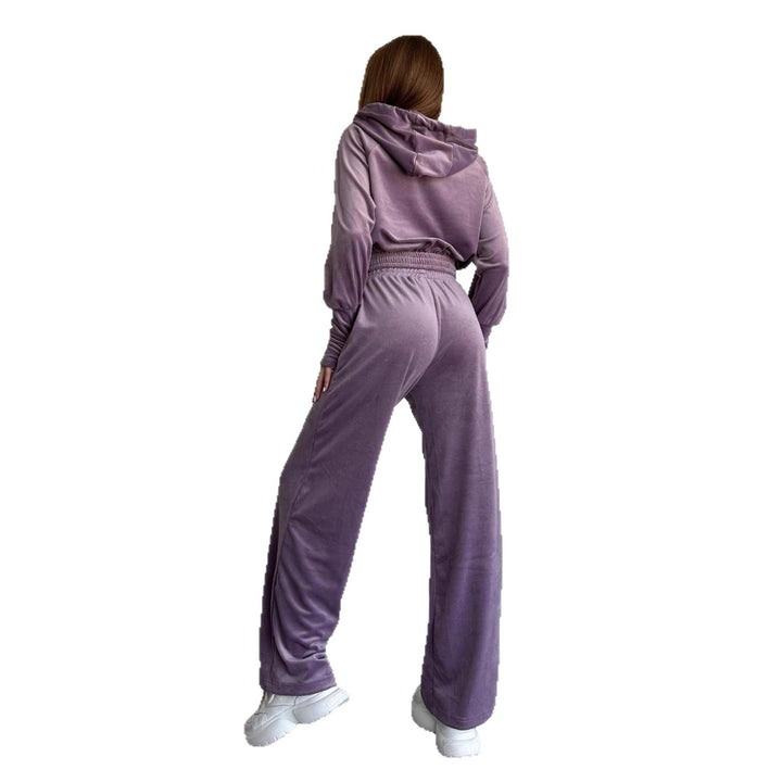 Damen Velours-Lounge-Set mit Cropped Kapuzenjacke und High-Waist weitem Bein Drune