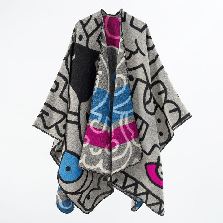 Damen Reversibler Strickponcho im Kuschel‑Umhang mit grafischem Jacquard Drune