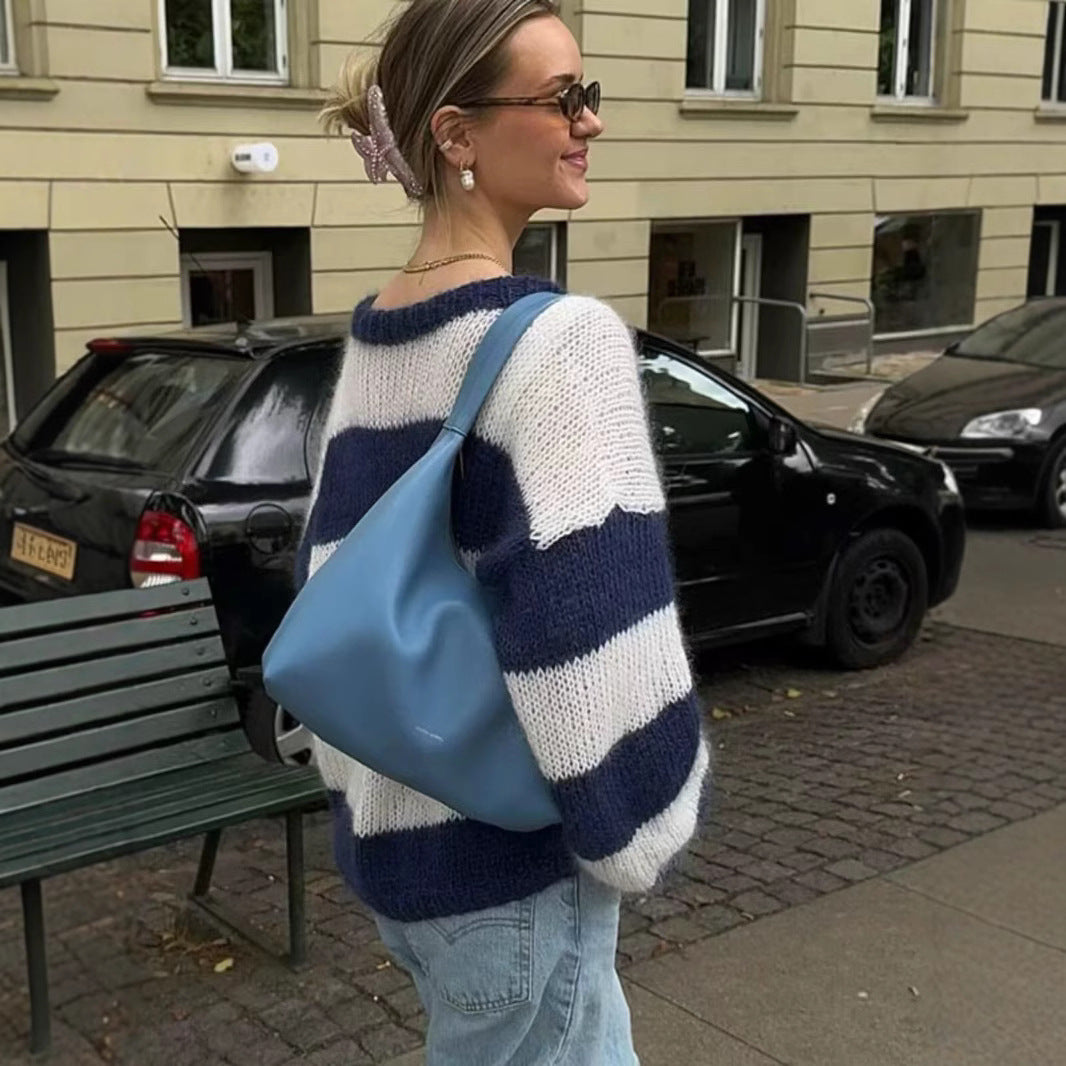 Damen Oversize-Strickpullover mit breiten Blockstreifen und Rundhalsausschnitt Drune